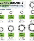Size chart for Internal Tooth Star Lock Washer Set 500 Pack Eight Size Assortment M2.5 M3 M4 M5 M6 M8 M10 M12 304 Steel