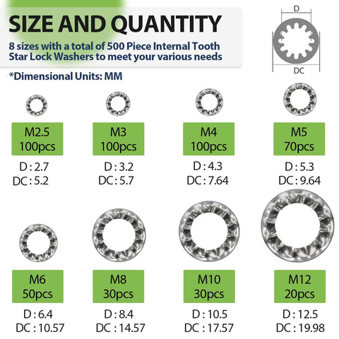 Size chart for Internal Tooth Star Lock Washer Set 500 Pack Eight Size Assortment M2.5 M3 M4 M5 M6 M8 M10 M12 304 Steel