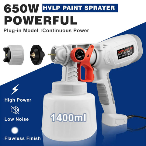Electric Paint Sprayer With 1400 Ml Cup And Four Click In Tips Lightweight Hvlp Spray Gun displayed with adjustable nozzle.