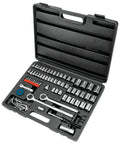 85 Piece SAE And Metric Socket Set With One Quarter Inch, Three Eighths Inch And One Half Inch Drives in open case, chrome plated steel