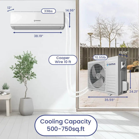 No Sweat Ductless Mini Split Air Conditioner And Heat Pump 18000 Btu 1.5 Ton mounted indoor and outdoor units with dimensions.