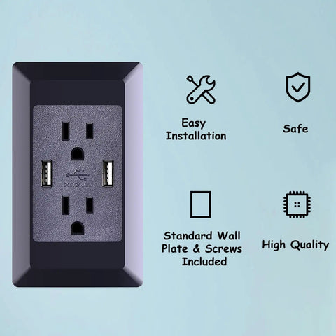 Heavy Duty Black USB Wall Outlets 4 In 1 Receptacles with dual USB ports and standard wall plate, easy installation features.