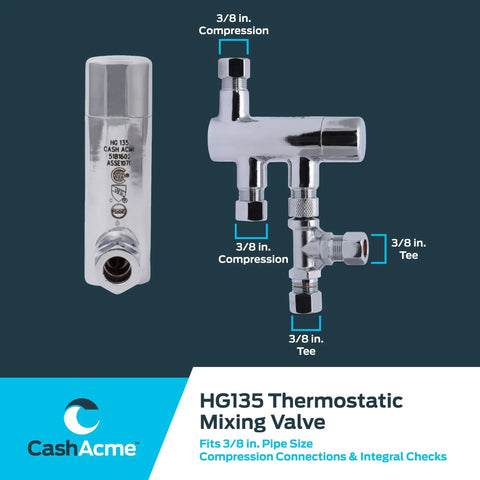 3/8 Inch Thermostatic Mixing Valve With Compression Connections, Tee And Integral Checks For Under-Sink Use No Sweat Scald Protection