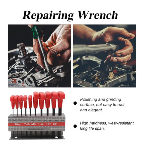 Heavy Duty T Handle Hex Wrench With Bracket Extra Long Inner Steel Allen Keys For Machine And Vehicle Repair Plus Enhanced Torque Reach Tool Kit Legit Pick For Mechanics Who Want Real Grip When Chasing Tough Spots And Daily Grind. 10-pc T-handle hex key set, red handles, metric sizes