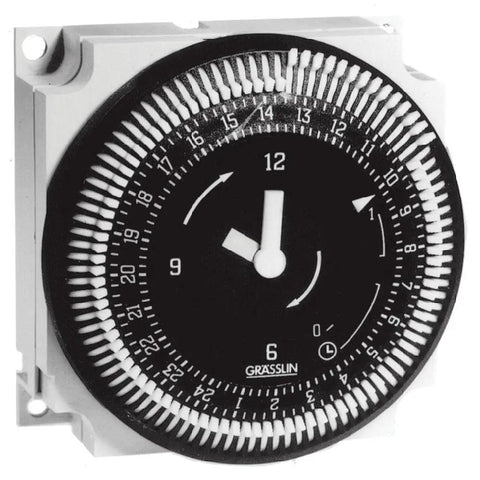 Front view of Beefy 24 Hour 21A SPDT Electromechanical Timer Module For Industrial Panels 120V With 96 Captive Trippers
