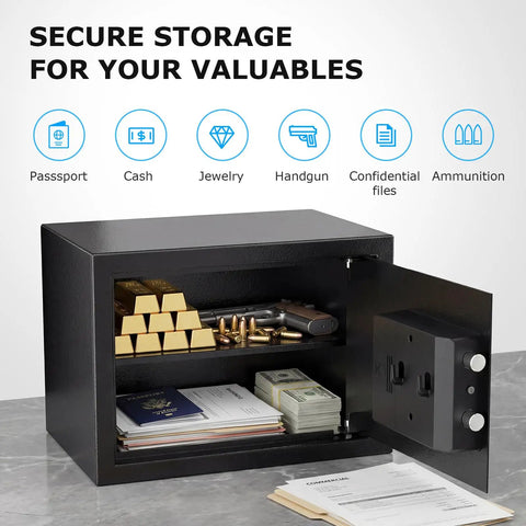 Biometric Safe Box With Fingerprint Lock And Electronic Keypad, Removable Shelf For Valuables Jewelry And Documents, 0.6 Cu Ft Capacity