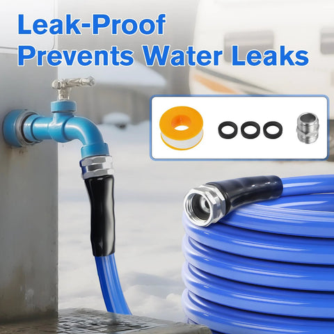 Heated RV water hose, blue, front view; connected to outdoor faucet with O-rings and tape kit