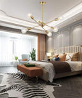 Modern Sputnik Chandelier With 6 Lights In Brushed Brass, Mid Century Pendant Lighting for bedroom, adjustable arms.