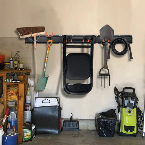 Heavy Duty Garden Tool Organizer Wall Mount Rack with Six Steel Hooks 48 Inch in garage holding tools and hoses