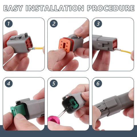 Image showing steps for installing the All In One Deutsch DT Connector Kit With 2 3 4 6 8 12 Pin Plugs Crimp Tool For 14 20 AWG Wires Pin Removal Tool Solid Contacts Waterproof Automotive Electrical Wire Connectors.