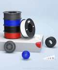 TPU Filament 1.75mm Black 2Kg Twin Spool 95A Flexible Soft 3D Printing Filament displayed with colorful 3D printed samples