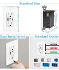 Top Shelf 20 Pack Night Light Wall Outlets Featuring Fast Usb C Charging Ports 15 Amp High Speed Rating Plus Manual Switch Warm LED Glow Tamper Resistant Design Includes Matching Wall Plates shown with dimensions and installation guide.