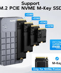 Premium Dual Bay M.2 Nvme Enclosure Deliverin Real Kickin 20Gbps Usb 3.2 Gen2x2 Speed showing supported M-Key SSD sizes.