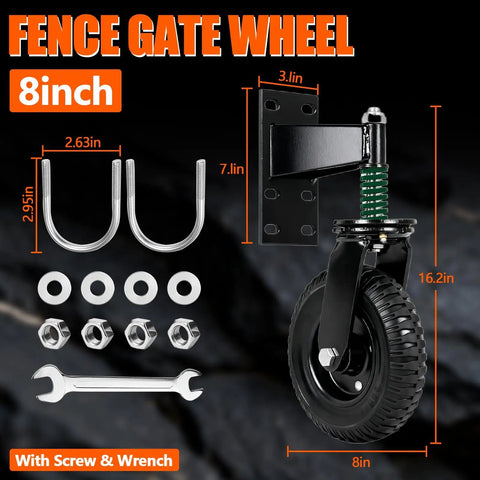 8 Inch Fence Gate Wheels Beefy 800 Lb Capacity Heavy Duty Gate Caster With Cushioned Spring Suspension shown with hardware.