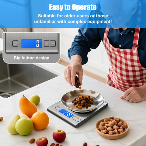 Person using Five Pack Digital Kitchen Scale With 33lb Capacity, Stainless Steel 304, Backlit LCD, Tare Function, Accurate 1g 0.1oz Readings