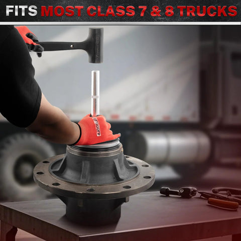 BILITOOLS truck hub seal installer kit with bearing race and seal drivers for Class 7–8 trucks, being installed on a hub.