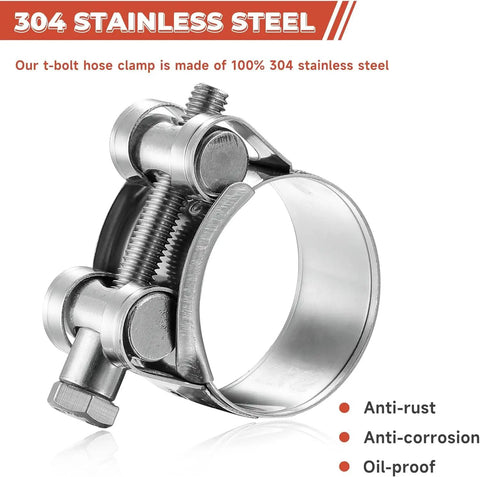 Pro Grade T-Bolt Hose Clamps Assortment Kit features a 304 stainless steel clamp showcasing anti-rust and anti-corrosion features.