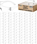 Massive 110 Pair Bulk Kit Of Clear Safety Glasses For Men And Women Featuring Hella Reliable Impact Blocking Shields That Meet Ansi Z87 One Standards For No Sweat Heavy Duty Workplace Eye Protection with clear polycarbonate material.