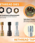 61 Piece Thread Chaser Repair Kit with colored rethread dies and tapes for fixing damaged threads in heavy duty steel.