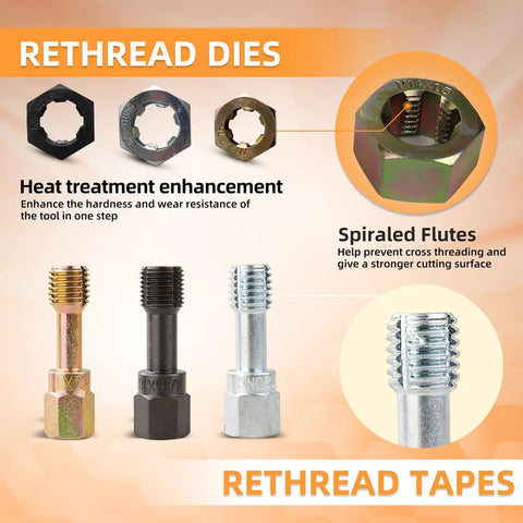 61 Piece Thread Chaser Repair Kit with colored rethread dies and tapes for fixing damaged threads in heavy duty steel.