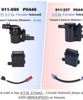 Comparison of solenoid models 911-099 P0446 and 911-237 P0449 with vacuum connector details for Chevy and GMC trucks