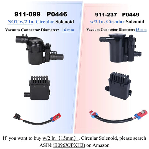 Comparison of solenoid models 911-099 P0446 and 911-237 P0449 with vacuum connector details for Chevy and GMC trucks