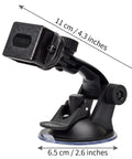 Go-To Suction Cup Car Mount For Two-Way Radios with flexible arm and quick-lock, shown with measurements