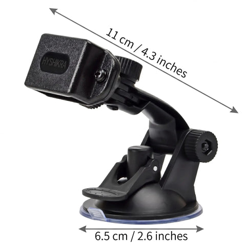 Go-To Suction Cup Car Mount For Two-Way Radios with flexible arm and quick-lock, shown with measurements