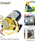 12V Oil Extractor Pump For Engine And Marine Use, 3.2 GPM Gear Oil Pump with brass fittings and labeled oil inlet