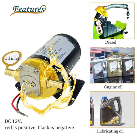 12V Oil Extractor Pump For Engine And Marine Use, 3.2 GPM Gear Oil Pump with brass fittings and labeled oil inlet