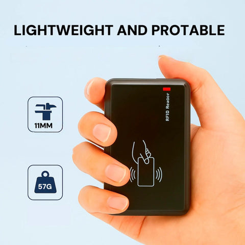 Person holding 125KHz RFID Reader Card Scanner With USB Proximity Card Emulation And Keyboard Emulation, size 11mm, weight 57g.