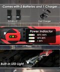 Cordless Electric Ratchet Wrench Set 3/8 Inch, 12V Extended Power Kit showing batteries, charger, power indicator, and LED light