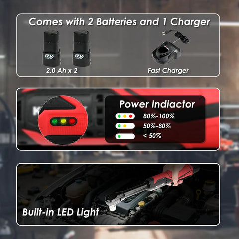 Cordless Electric Ratchet Wrench Set 3/8 Inch, 12V Extended Power Kit showing batteries, charger, power indicator, and LED light