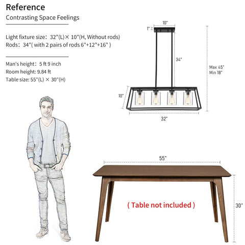 Dope Modern Farmhouse Linear Pendant Light Fixture With Glass Shade Four Light Black Steel Dining Room Chandelier dimensions guide