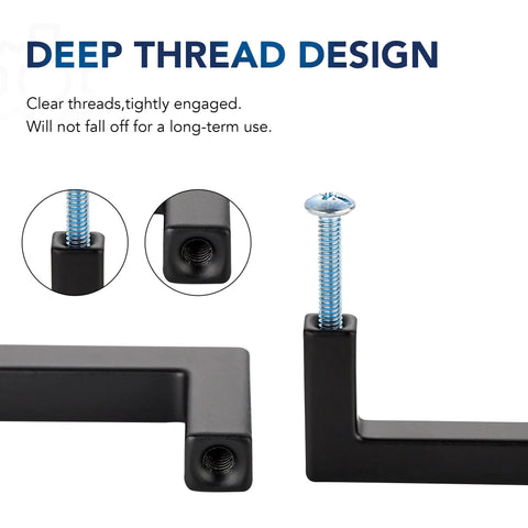 Deep thread design of 10 Pack Solid 5 Inch Square Matte Black Kitchen Cabinet Handles with clear screws and tight engagement.