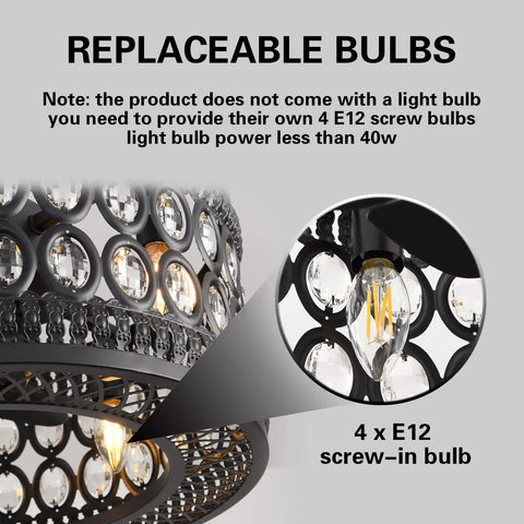 Image showing Dope Crystal Ceiling Fan With Lights Remote Control 6 Speeds Reversible Quiet Motor Black Finish without bulbs.