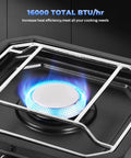 Close-up of single burner on Dual Burner Propane Camping Stove With Piezo Ignition, blue flame, 16000 BTU, windproof design.