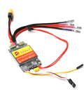 Dual 30A Brushed ESCs for 2-6S RC vehicles bidirectional control with PWM input and superior heat dissipation, shown with wires