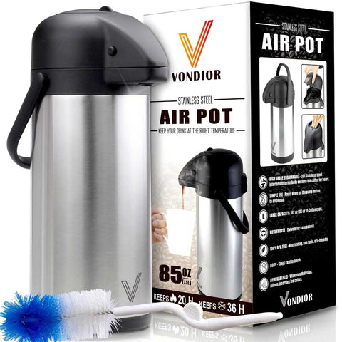 85 Oz Insulated Airpot Coffee Carafe with Pump, Stainless Steel Beverage Dispenser with box and cleaning brush set