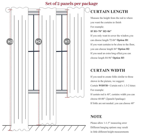 Diagram showing instructions for curtain length and width adjustments for 90 Inch Blackout Curtains For Living Room With Thermal Insulation And Noise Reduction Ivory Cream Set Of 2 Panels 100 Percent Light Blocking White Backing Great For Sliding Doors And Track System Pinch Pleat Or Back Tab.