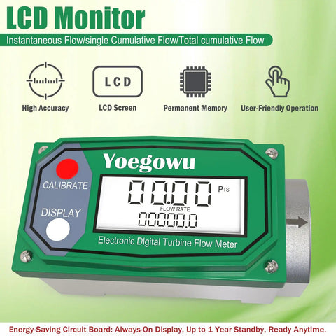 1.5 Inch Digital Fuel Flow Meter Inline NPT With LCD Display for real time flow readouts and totalizer, green casing