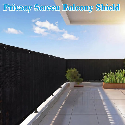Heavy Duty Balcony Privacy Screen 3 By 20 Feet Black Fence Cover With Grommets And Zip Ties 170 GSM Breathable Mesh on a balcony