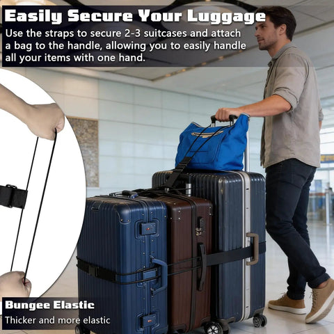 Man using Two Pack Luggage Straps For Suitcases, Adjustable T Type And Flat Belt To Connect Three Bags at airport