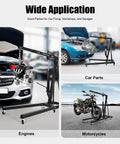 Hardcore Folding Hydraulic Engine Hoist Crane With Six Smooth Universal Casters That Glide Like Butter Through Your Home Garage For Fast Motor Lifts And Car Repairs lifting engines and car parts in a garage setting.