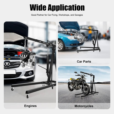 Shop Ready 2 Ton Folding Hydraulic Engine Hoist And Cherry Picker Crane lifting engines and car parts in garage settings.
