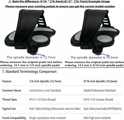 Heavy Duty Indoor Bike Pedals With Adjustable Straps And Dual Spindle Sizes For Peloton Schwinn And Spin Bikes Durable PP Plastic Body With Nylon Straps Built To Last 500 Pound Capacity showing 1/2 and 9/16-inch spindle comparison chart