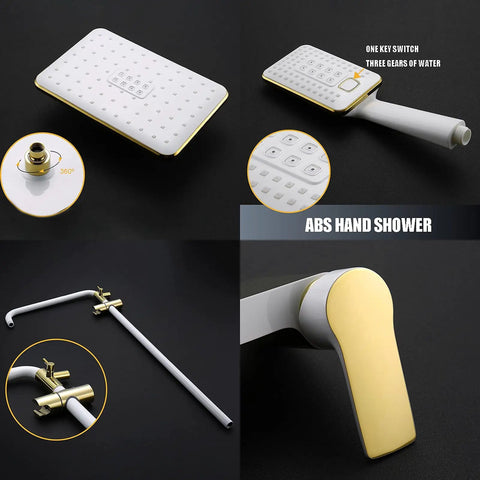 Kick Start Your Daily Ritual With This Clean White Shower Set Featuring A Smooth Waterfall Tub Spout Plus A Spacious 260 By 170 Mm Rainhead Coupled With A Practical Handheld Combo Built For Quick Wall Mounting To Elevate Any Bathroom Flex - ABS handheld shower with gold accents and sleek panel.
