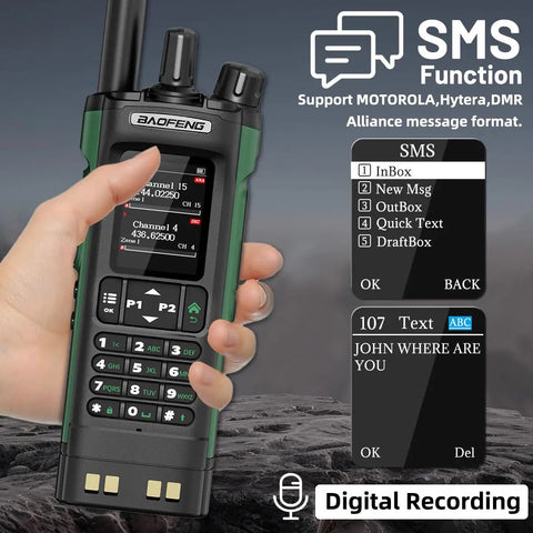 Hand holding Rad Long Range Ham Radio Handheld DM32 DMR Walkie Talkie with SMS function display