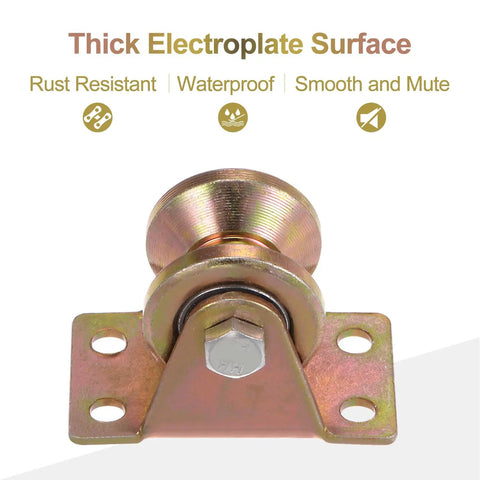 Eight Pack 1.2 Inch V Groove Gate Casters With Brackets For Inverted Tracks, 661 Lb Capacity Per Wheel, Heavy Duty Sliding Gate Wheels For Garage Doors And Industrial Equipment, Galvanized Steel Caster Wheel System, close-up of electroplated surface.