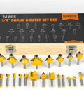 Badass Durability 24 Piece 1/4 Inch Shank Router Bits Set For Swift Precision Woodworking with yellow cutter designs.